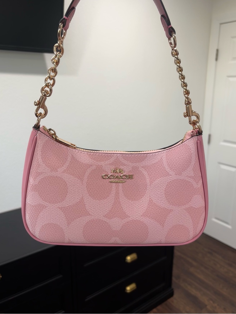 Coach Pink Teri Signature Canvas Shoulder Bag with Gold Hardware